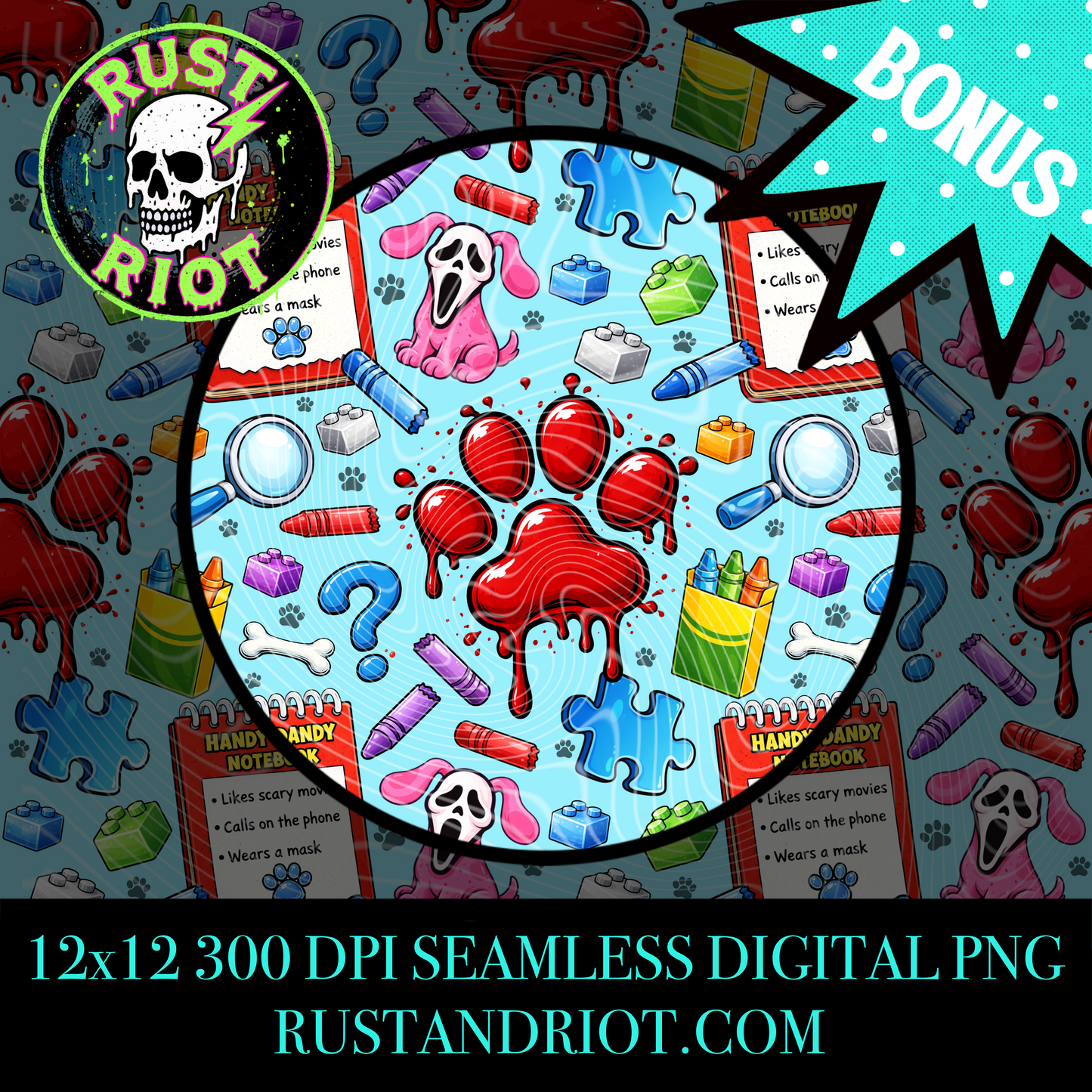 Handy Dandy Horror Seamless Pattern | Retro Cartoon Slasher Parody | PNG Digital Download