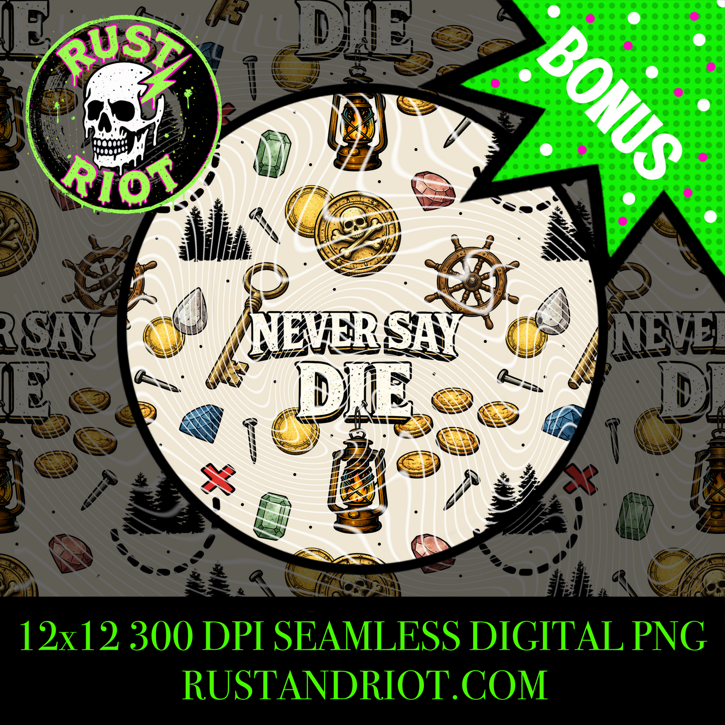 Never Say Die Everything Bundle | Retro Pirate Adventure Design Set | PNG Digital Download