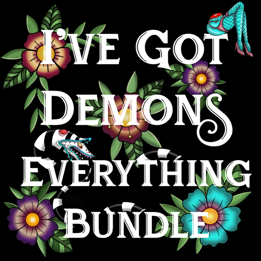 I’ve Got Demons Everything Bundle, Main PNGs, Seamless, Color Coordinates, 16oz Glass Can, 20oz Skinny Tumbler, 80s Cult Classic Digital images for Fabric, Sublimation, DTF, DTG, UVDTF, and Sublimation Printing