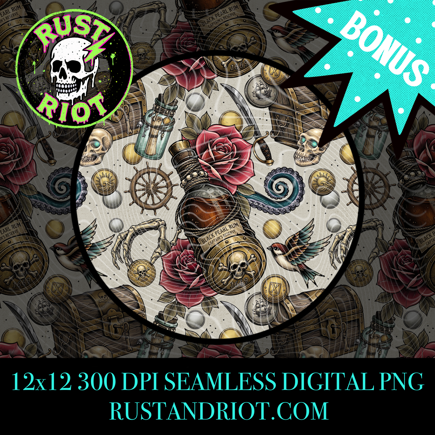 Dead Man’s Gold Seamless Pattern | Pirate Tattoo Style Repeat | PNG Digital Download