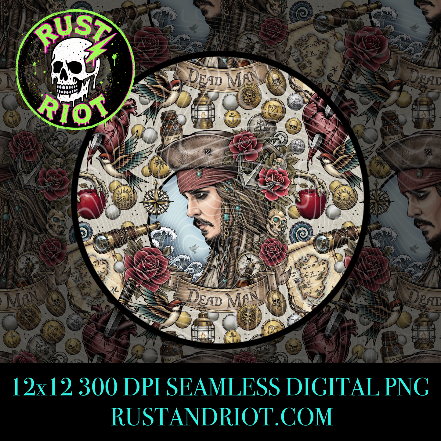 Dead Man’s Gold Seamless Pattern | Pirate Tattoo Style Repeat | PNG Digital Download