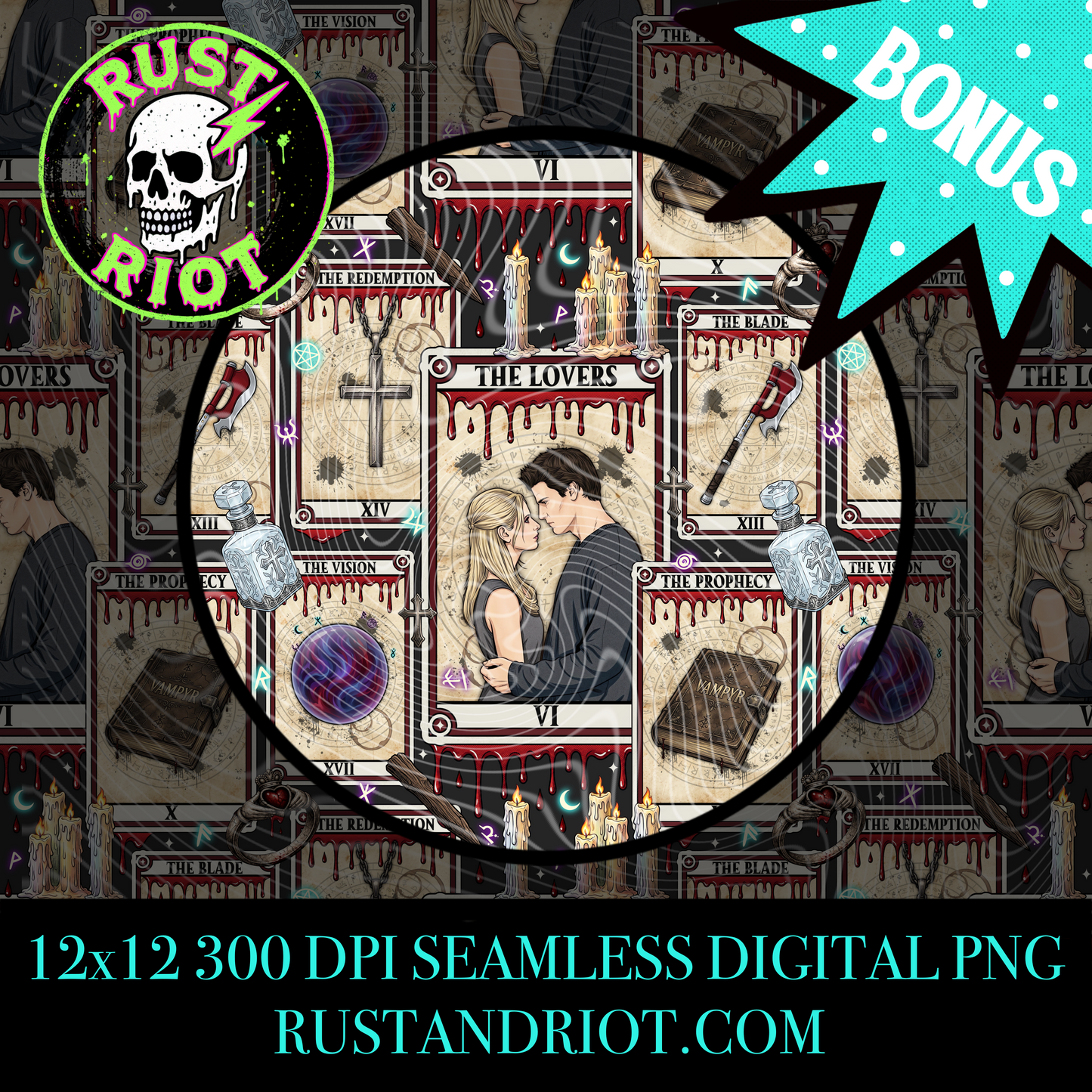 Slayer Arcana Seamless Pattern | Gothic Tarot Repeat | PNG Digital Download