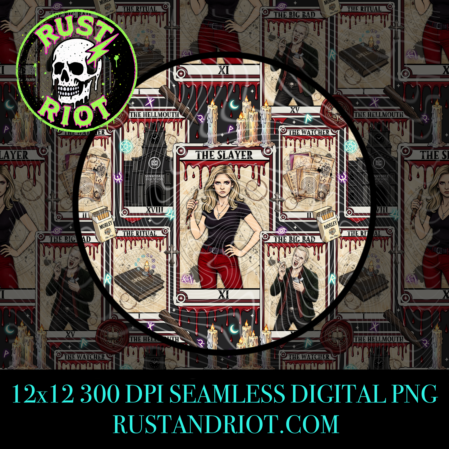 Slayer Arcana Seamless Pattern | Gothic Tarot Repeat | PNG Digital Download