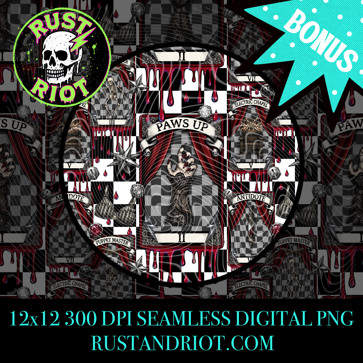 House of Mayhem Seamless Pattern | Gothic Tarot Repeat | PNG Digital Download