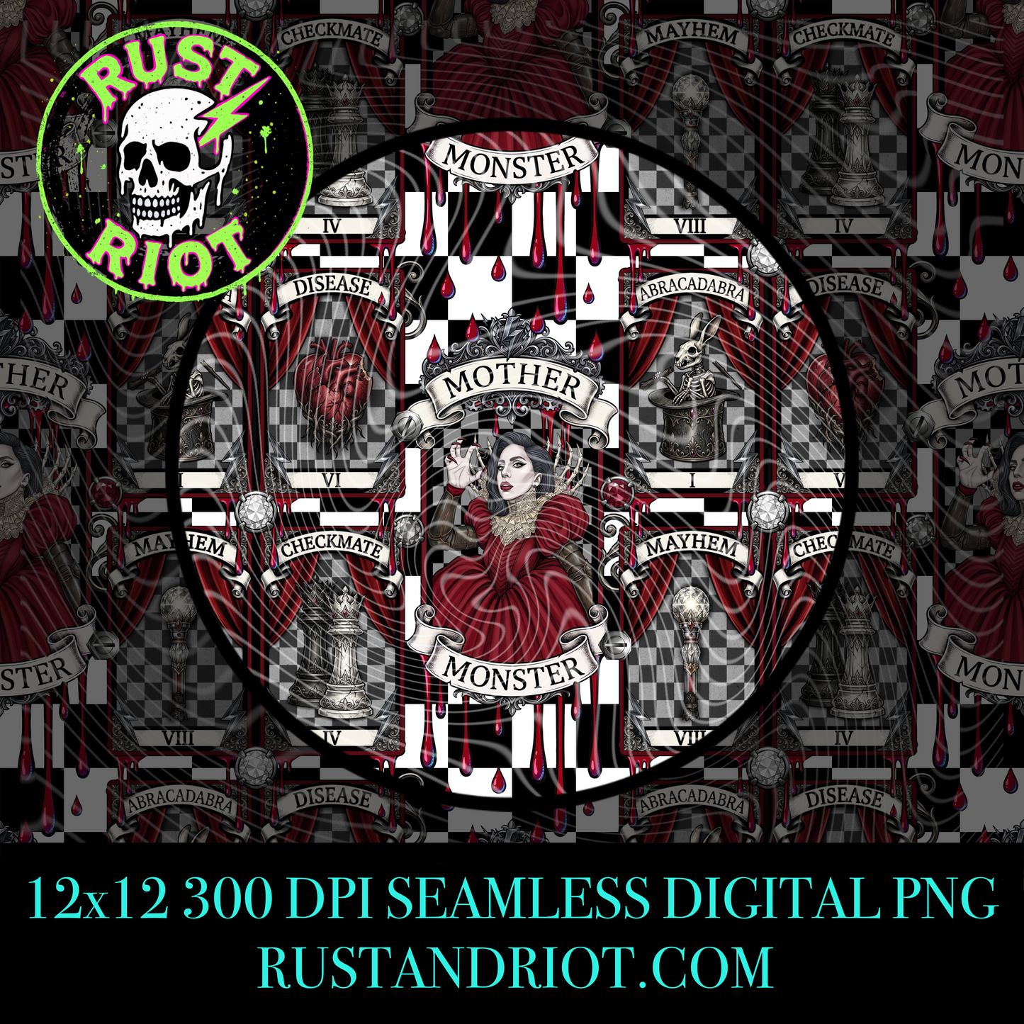 House of Mayhem Seamless Pattern | Gothic Tarot Repeat | PNG Digital Download