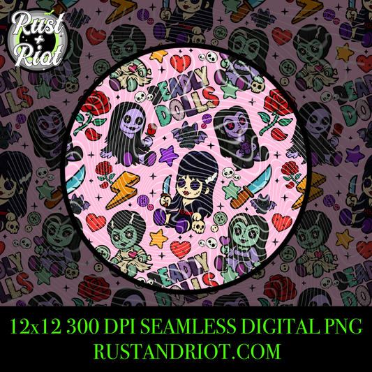 Deadly Dolls Seamless Pattern Digital Download - Creepy Cute Horror PNG for Fabric, Printing and Crafts