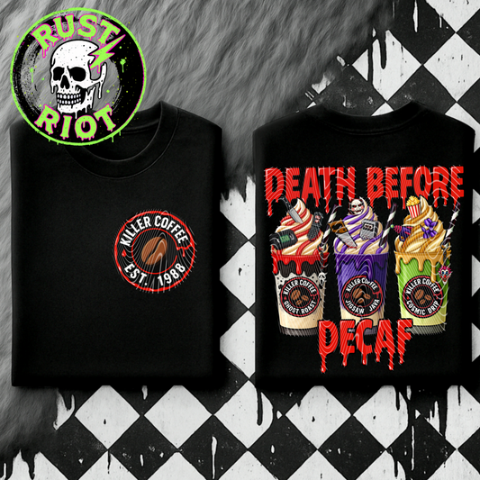 Death Before Decaf Killer Coffee Graphic | Horror Coffee Tee Design PNG