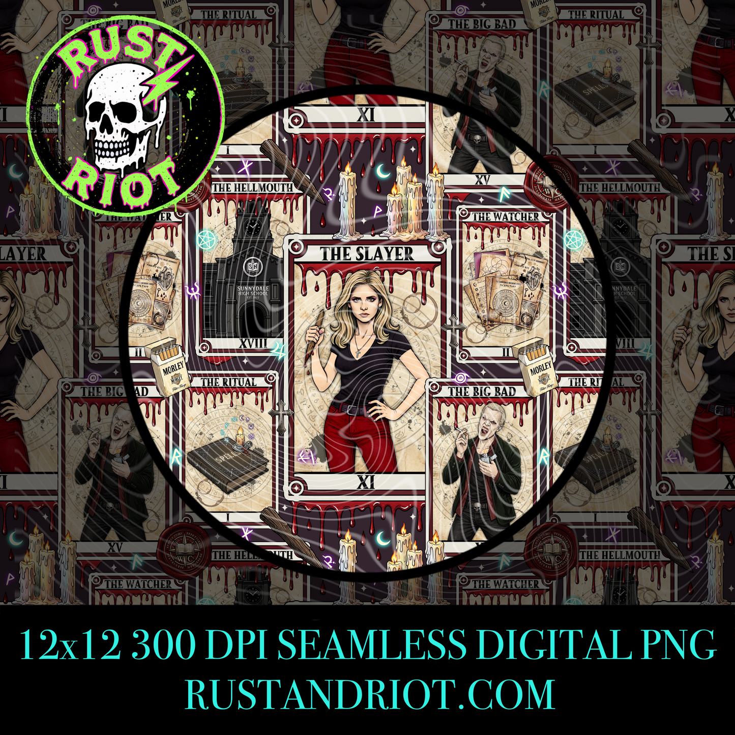 Slayer Arcana Seamless Pattern | Gothic Tarot Repeat | PNG Digital Download