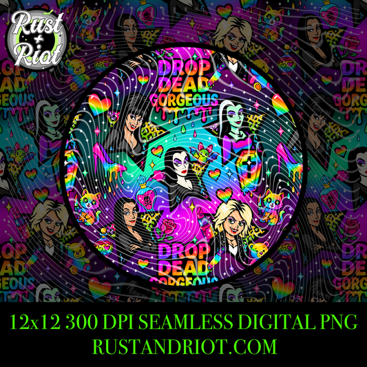 Drop Dead Gorgeous Seamless PNG - Rainbow Horror Girl Design for Sublimation, Apparel and Printing