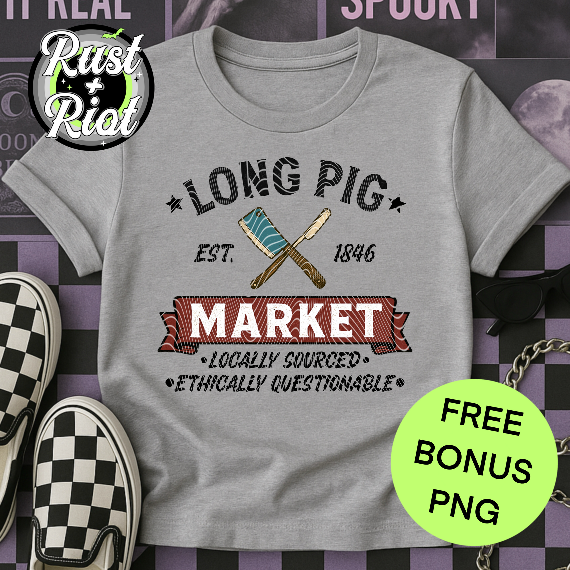 Grindhouse Gourmet Seamless PNG | Horror Butcher Pattern – Rust & Riot