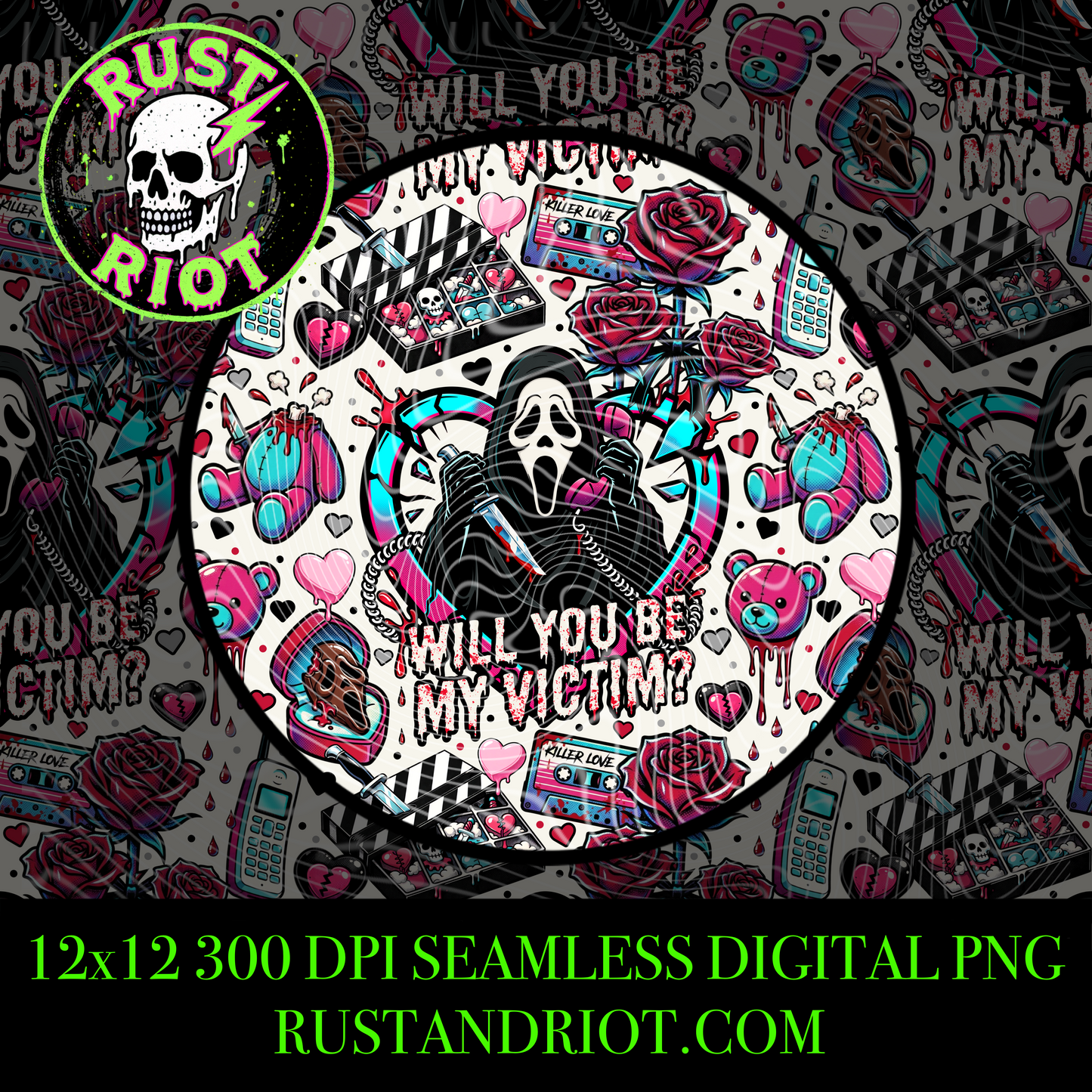 Be My Victim | Cult Slasher Seamless Pattern | PNG Digital Download