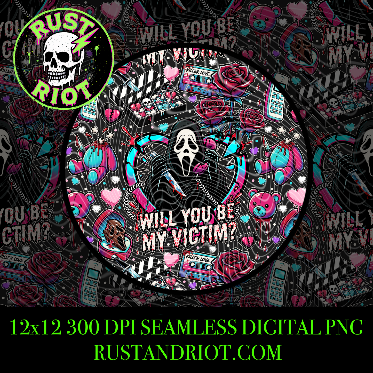 Be My Victim | Cult Slasher Seamless Pattern | PNG Digital Download