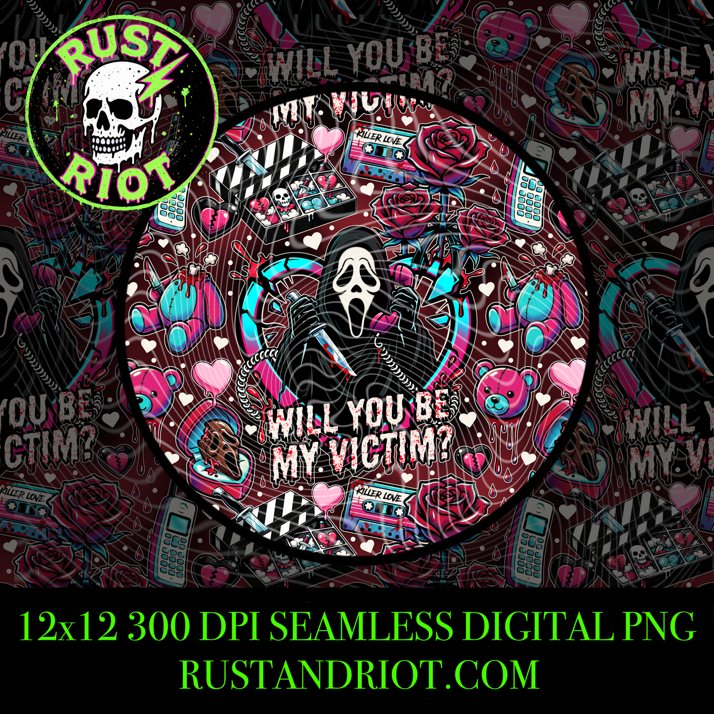 Be My Victim | Cult Slasher Seamless Pattern | PNG Digital Download