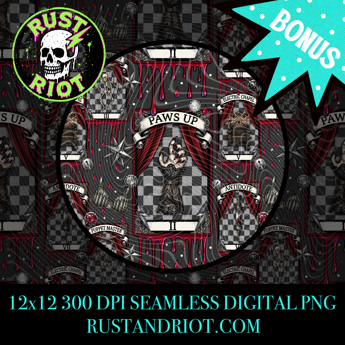 House of Mayhem Seamless Pattern | Gothic Tarot Repeat | PNG Digital Download