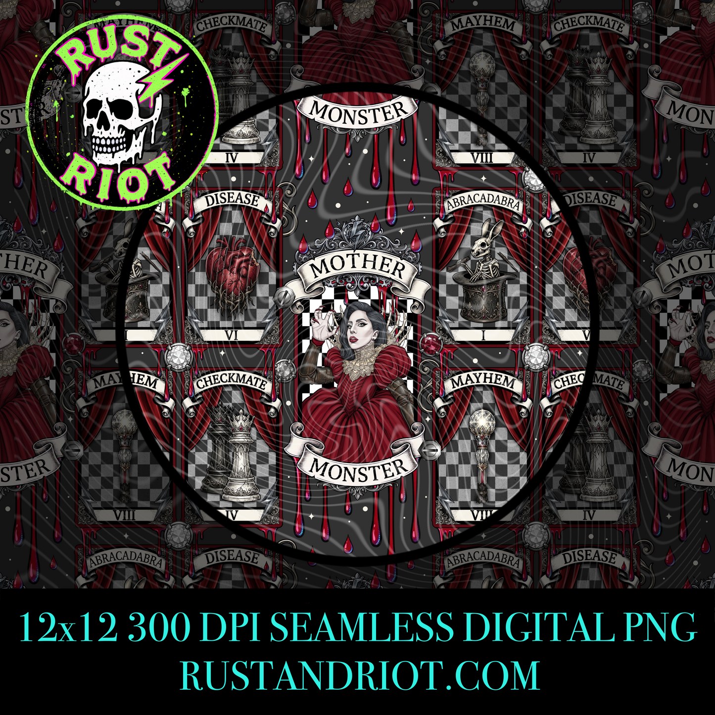House of Mayhem Seamless Pattern | Gothic Tarot Repeat | PNG Digital Download