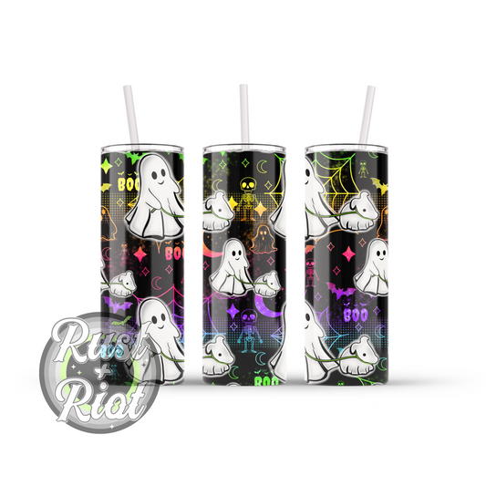 Ghost Walking Dog Neon Rainbow Halloween 20oz Skinny Stainless Steel Tumbler with Plastic Lid and Straw