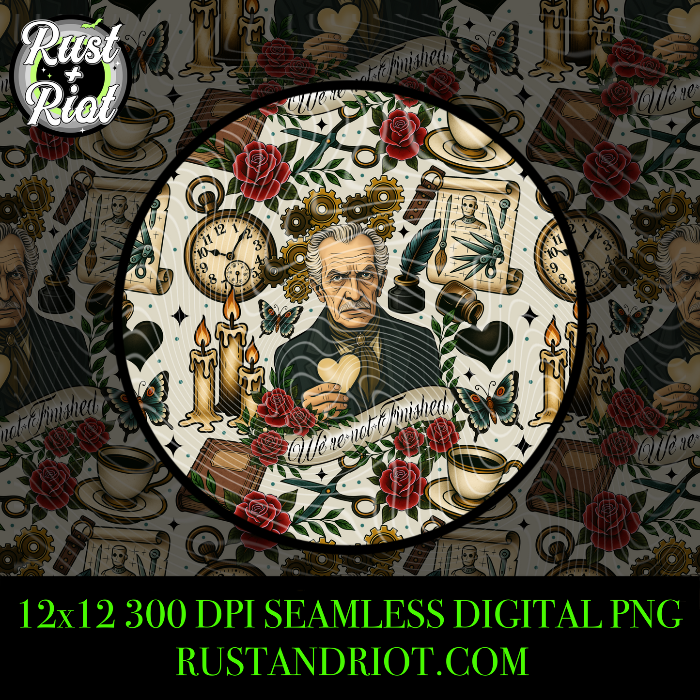 Serving Tea - The Inventor and The Creation Seamless Pattern PNG - Neo Traditional Gothic Design for Apparel and Printing