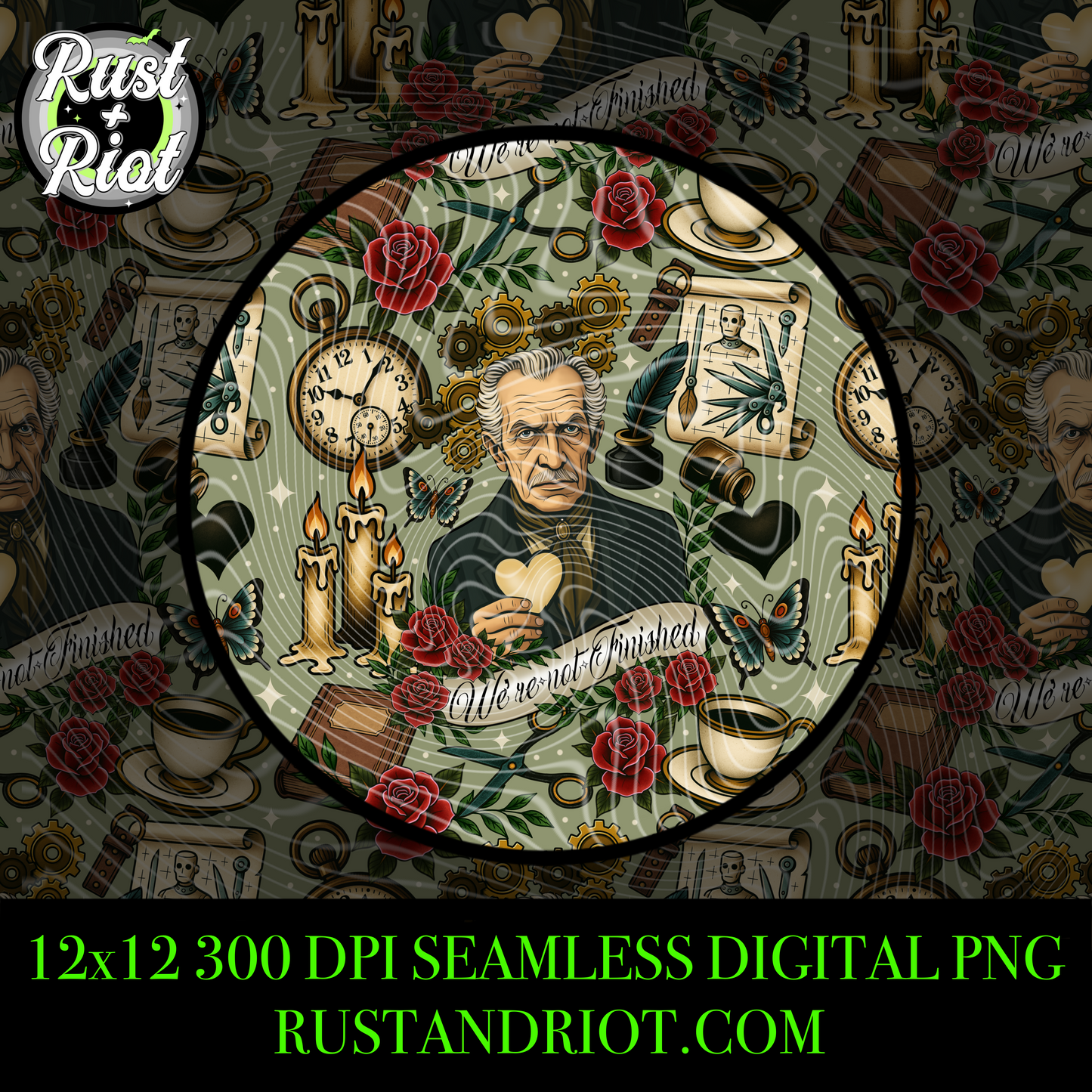 Serving Tea - The Inventor and The Creation Seamless Pattern PNG - Neo Traditional Gothic Design for Apparel and Printing