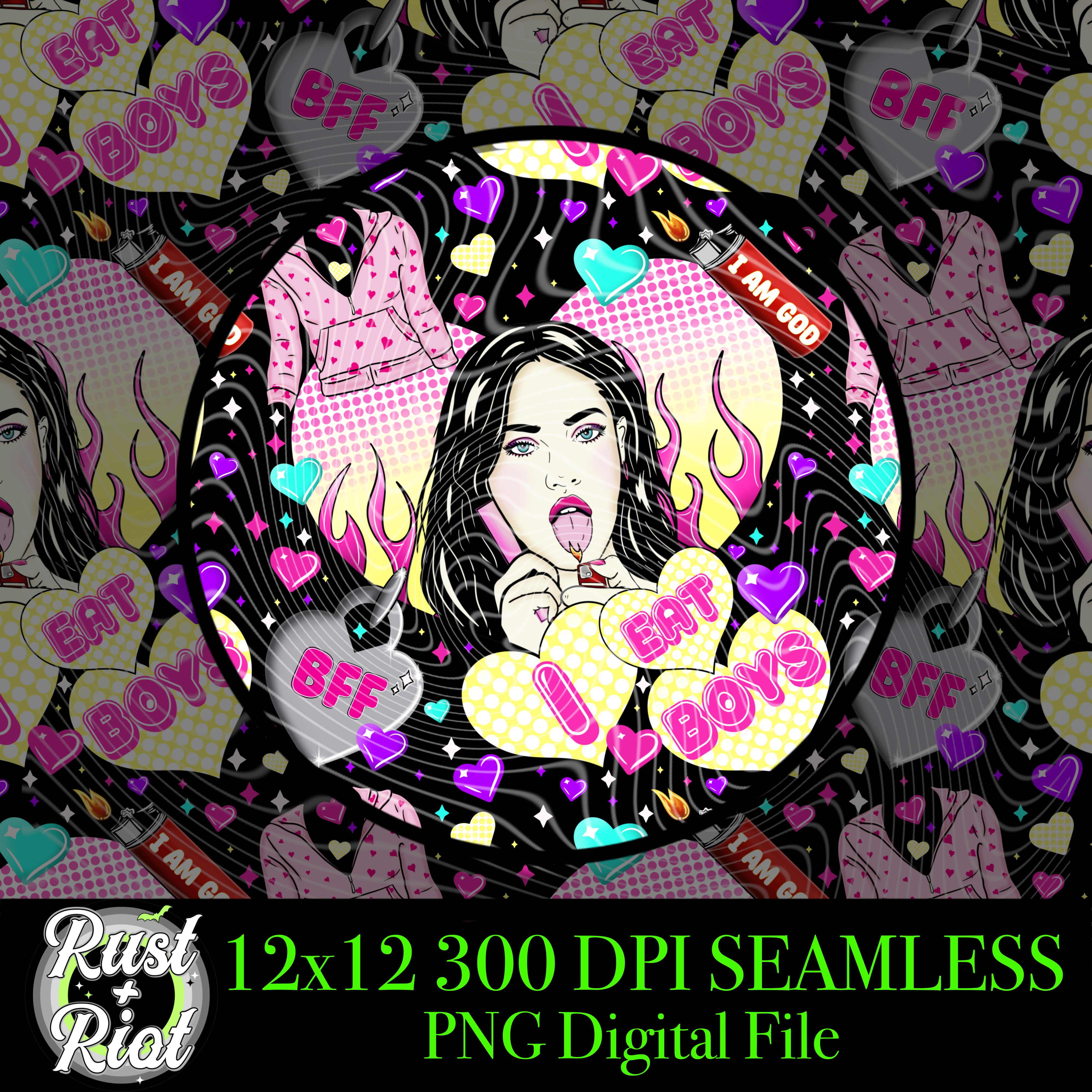 I Eat Boys Seamless Pattern – Retro Glam Horror PNG – Rust & Riot