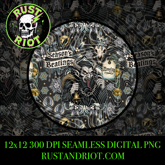 Season’s Beatings Seamless Pattern | Krampus Horror Holiday Design | Digital Download PNG for Sublimation & Fabric Printing
