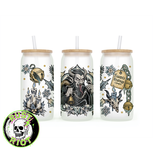 Season’s Beatings | Krampus Horror Holiday | 16oz Glass Can Wrap | Digital Download PNG for Sublimation & UVDTF Printing