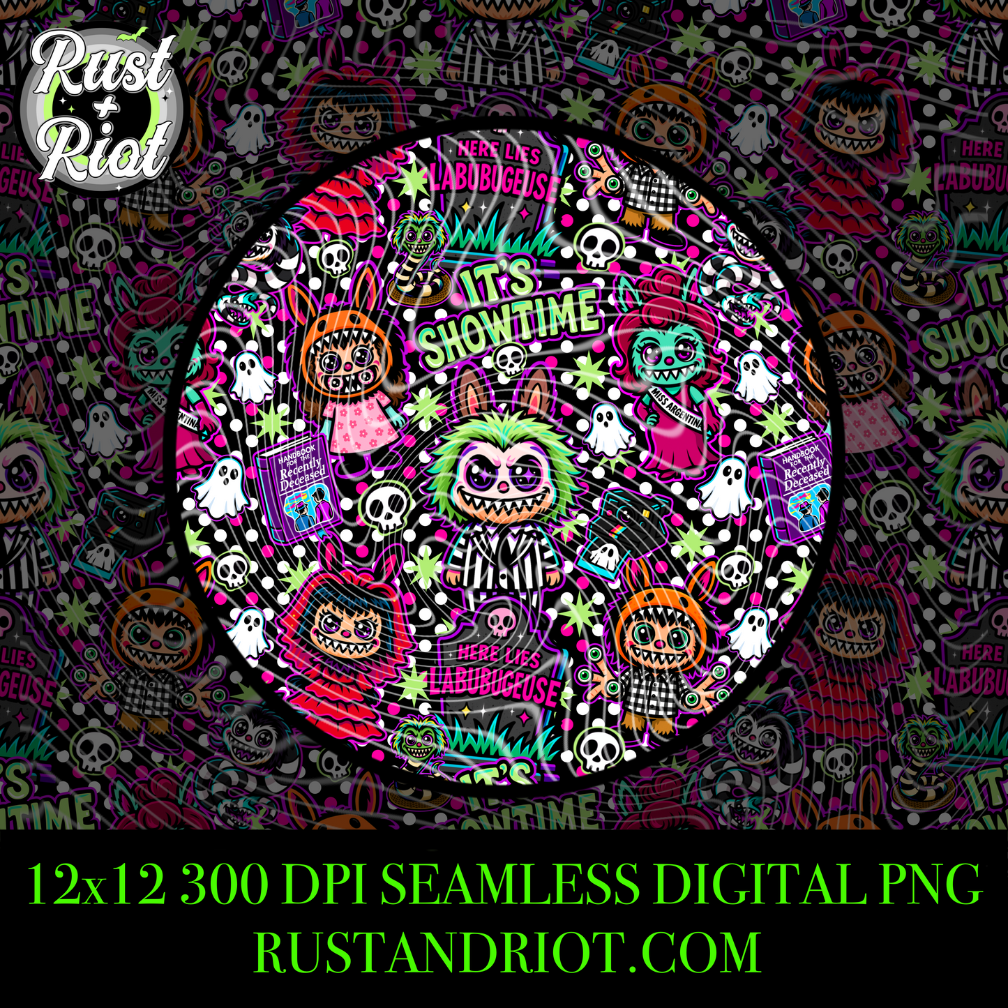 It’s Showtime Seamless PNG - Creepy Cute Neon Horror Design for Apparel and Printing