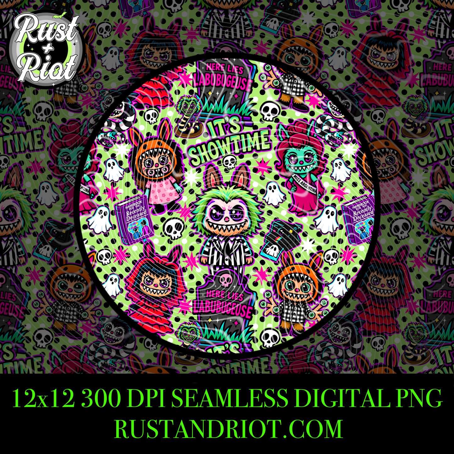 It’s Showtime Seamless PNG - Creepy Cute Neon Horror Design for Apparel and Printing