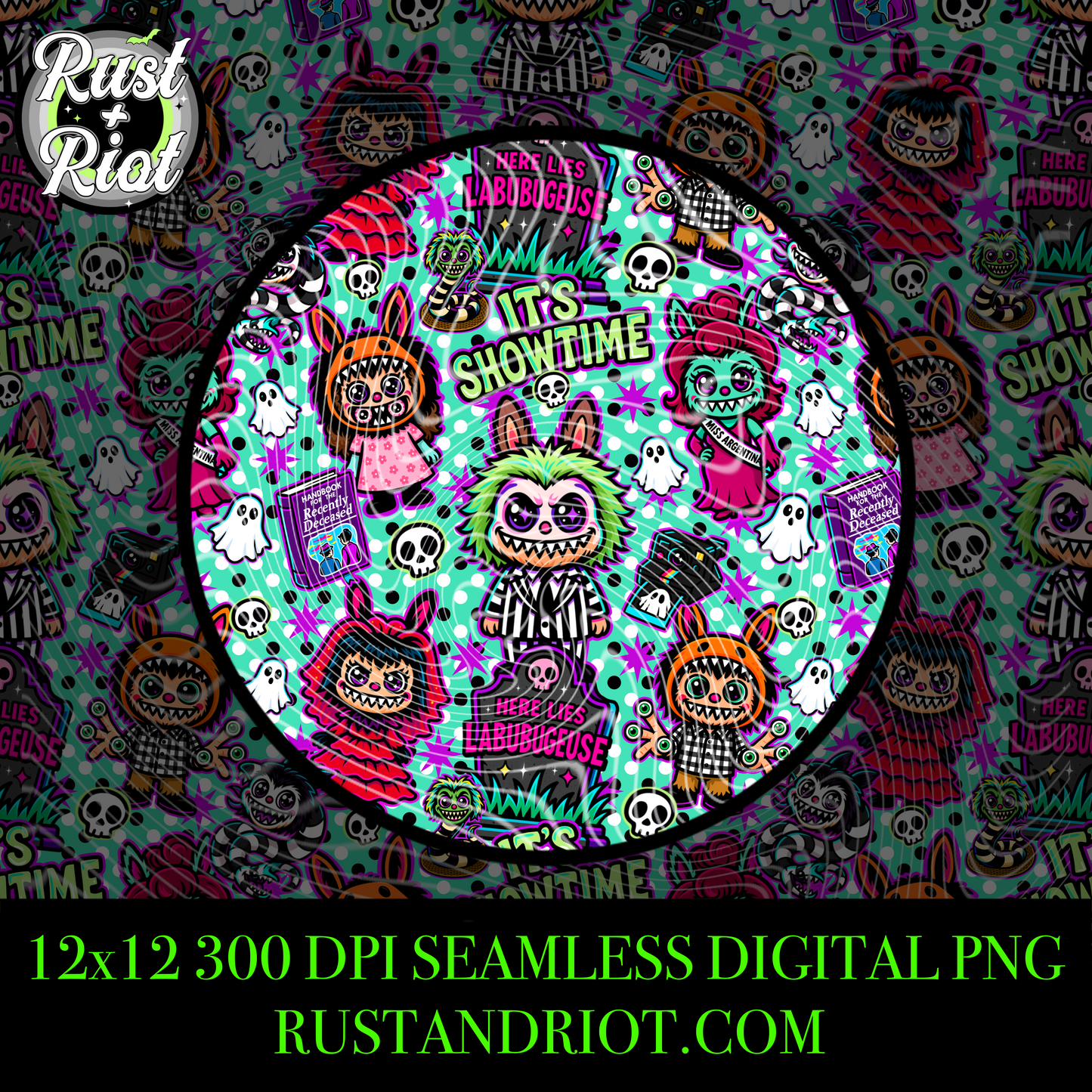 It’s Showtime Seamless PNG - Creepy Cute Neon Horror Design for Apparel and Printing