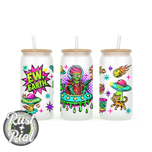 Earth Must Die – Retro Sci-Fi 16oz Glass Can Wrap PNG