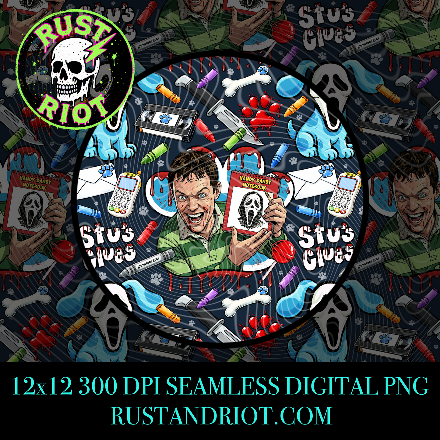 Handy Dandy Horror Seamless Pattern | Retro Cartoon Slasher Parody | PNG Digital Download