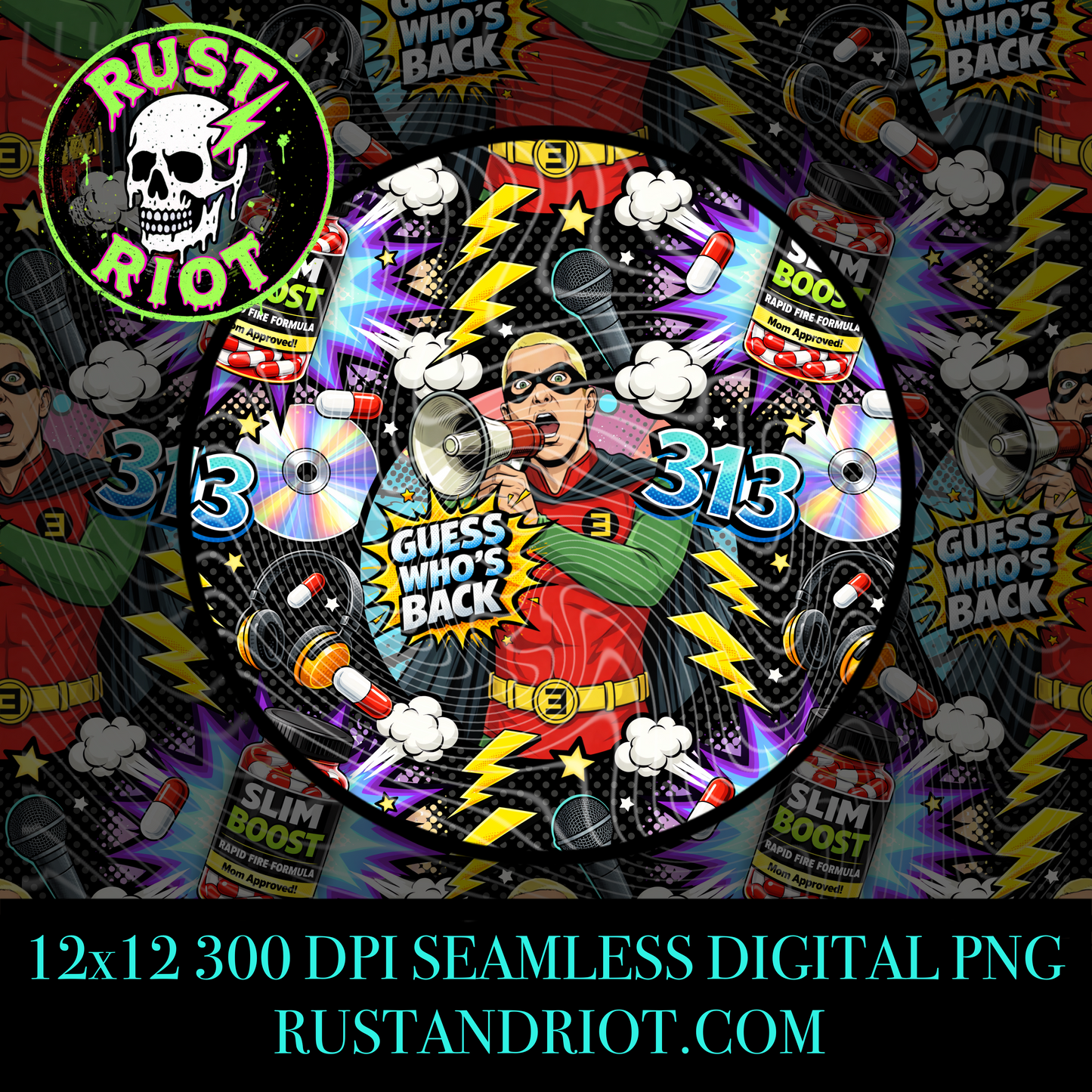 Detroit’s Most Wanted - Side B (Rap Vigilante) Seamless Pattern | Bold Comic Repeat | PNG Digital Download