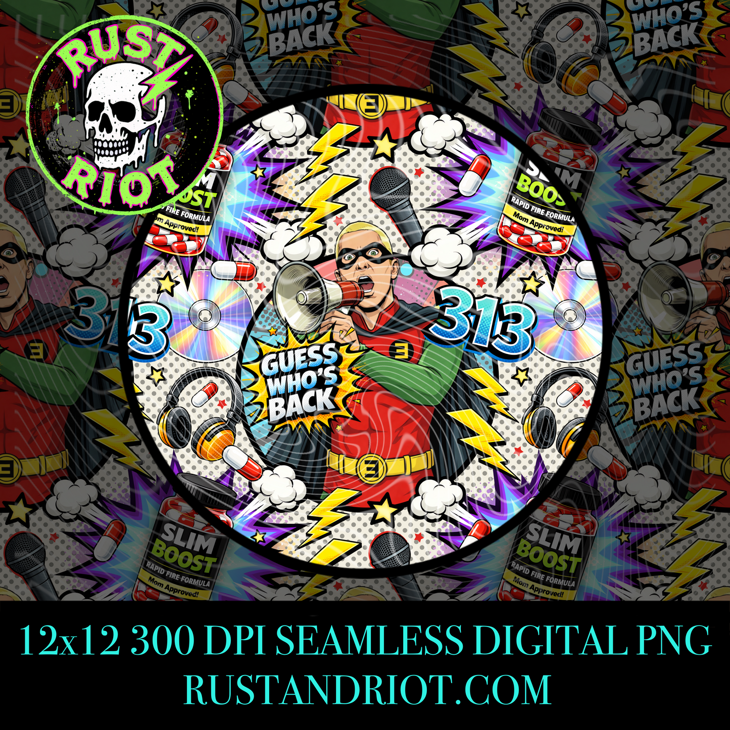 Detroit’s Most Wanted - Side B (Rap Vigilante) Seamless Pattern | Bold Comic Repeat | PNG Digital Download