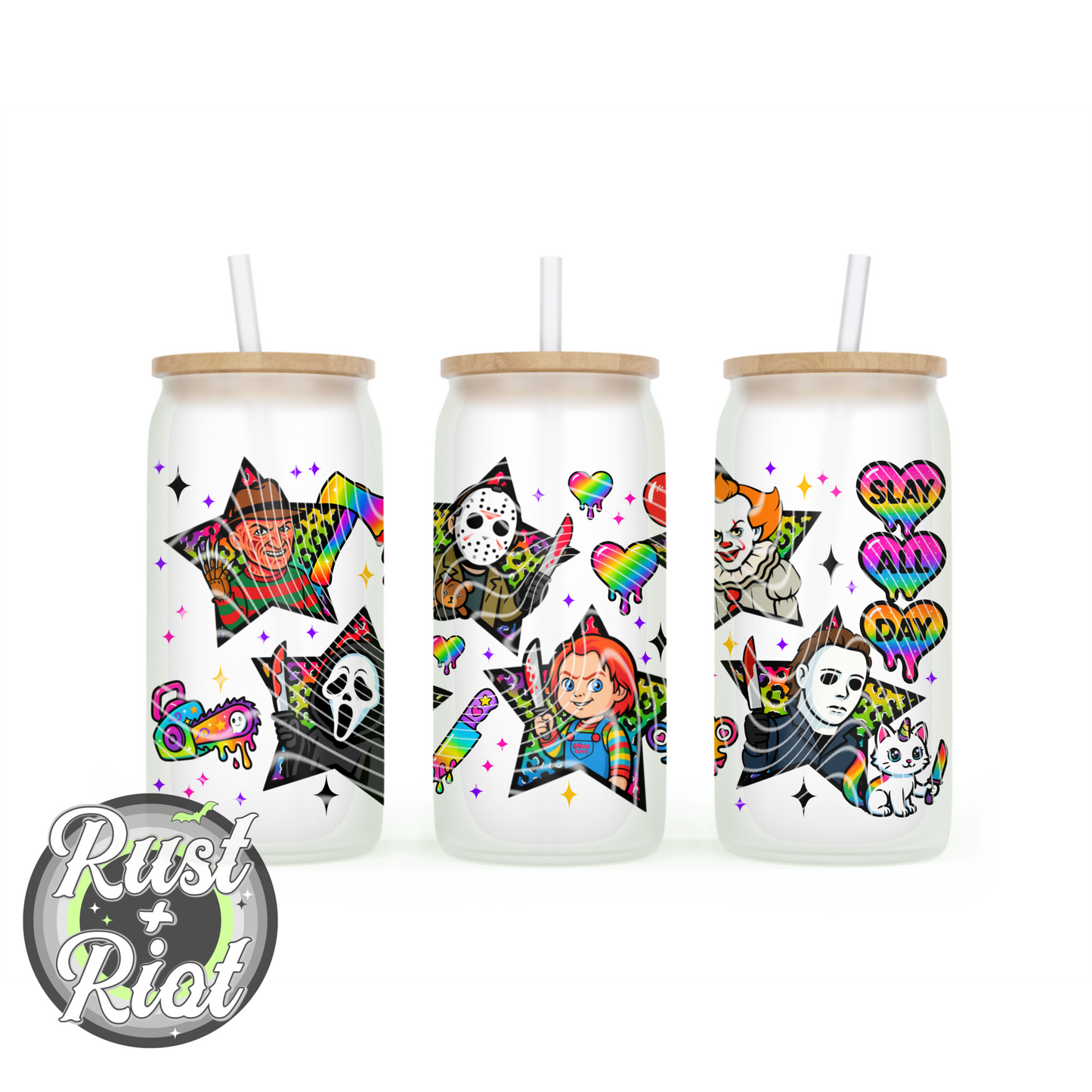 Slay All Day 16oz Glass Can Wrap Digital Download - Rainbow Horror PNG