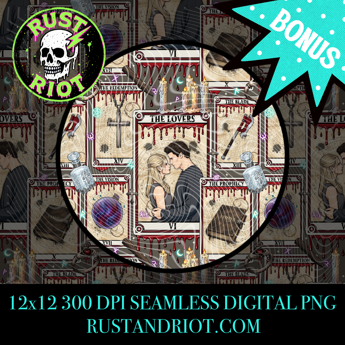 Slayer Arcana Seamless Pattern | Gothic Tarot Repeat | PNG Digital Download