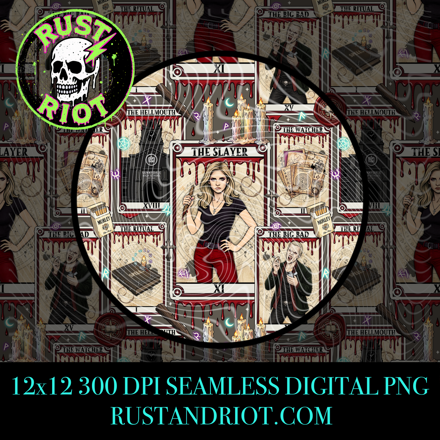 Slayer Arcana Seamless Pattern | Gothic Tarot Repeat | PNG Digital Download