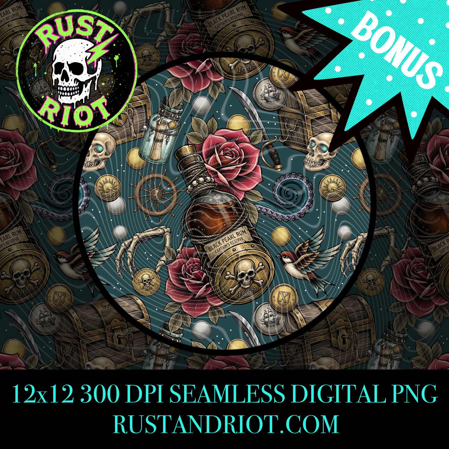 Dead Man’s Gold Seamless Pattern | Pirate Tattoo Style Repeat | PNG Digital Download