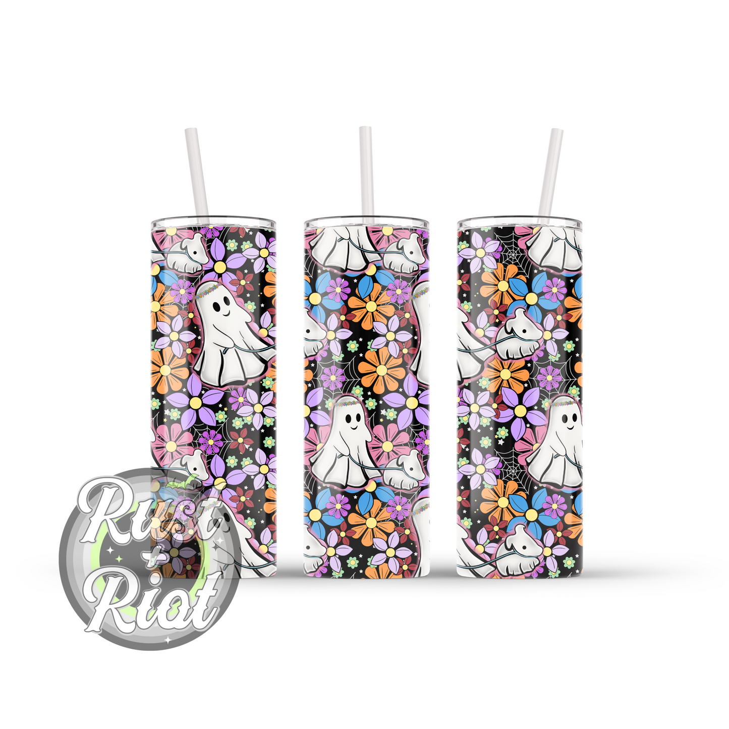 Floral Ghost Walking Halloween 20oz Skinny Stainless Steel Tumbler with Plastic Lid and Straw