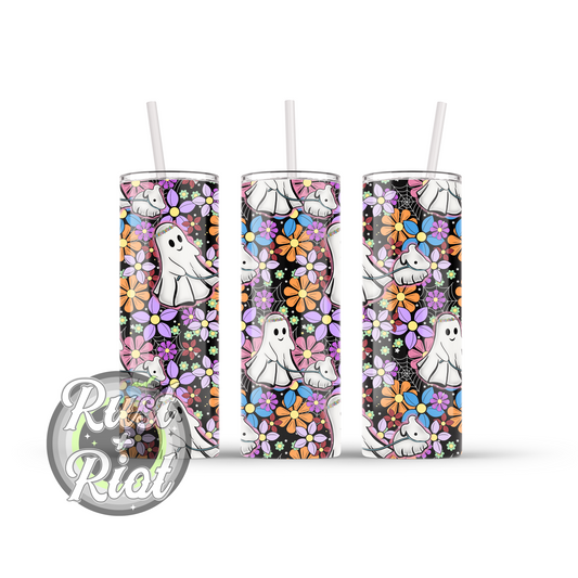 Floral Ghost Walking Halloween 20oz Skinny Stainless Steel Tumbler with Plastic Lid and Straw