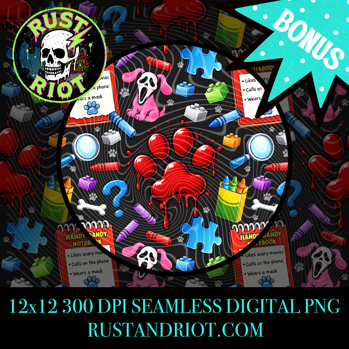Handy Dandy Horror Seamless Pattern | Retro Cartoon Slasher Parody | PNG Digital Download