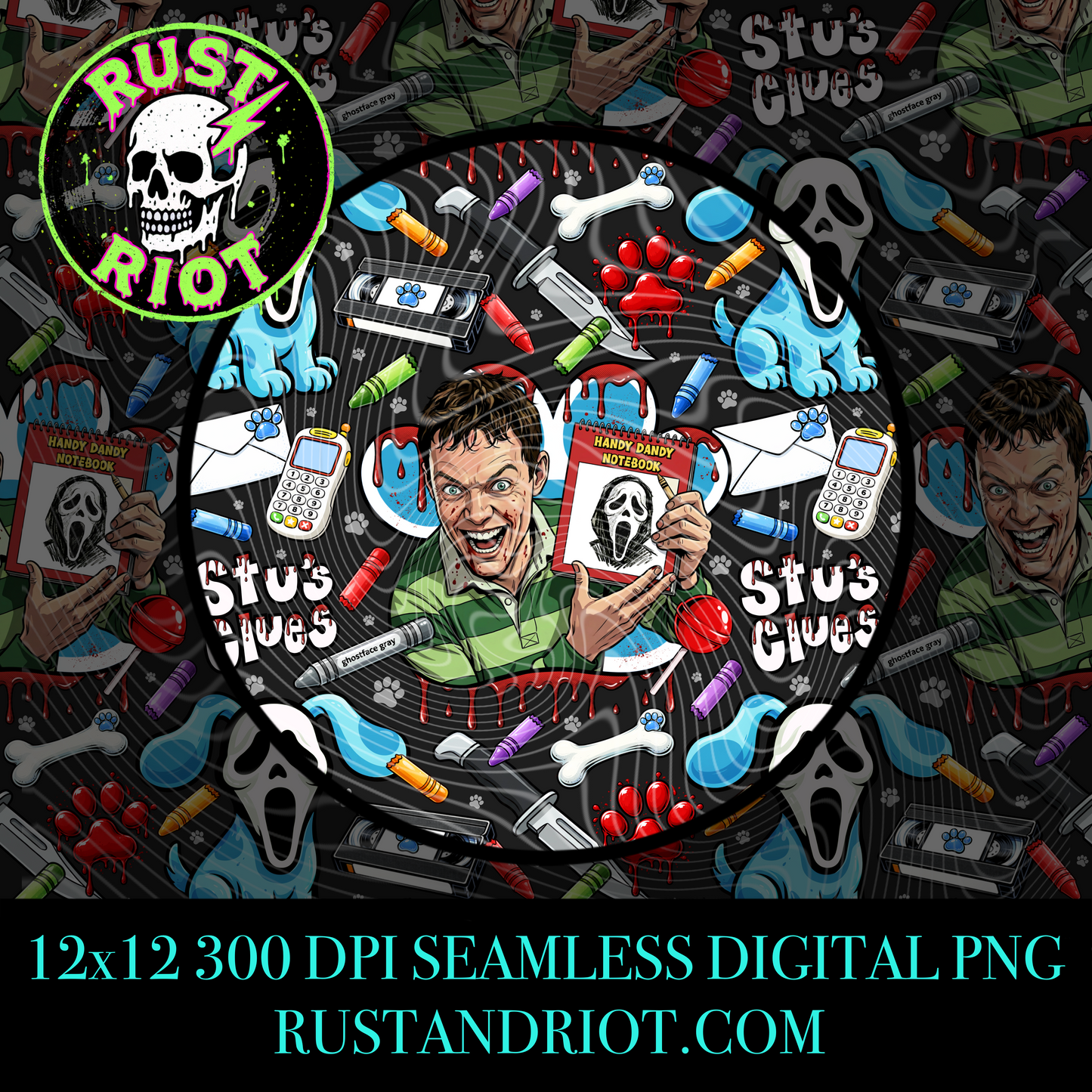 Handy Dandy Horror Seamless Pattern | Retro Cartoon Slasher Parody | PNG Digital Download