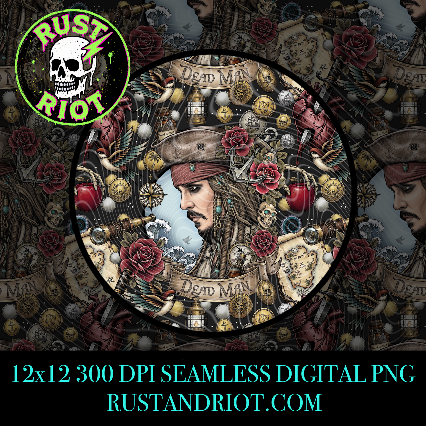 Dead Man’s Gold Seamless Pattern | Pirate Tattoo Style Repeat | PNG Digital Download