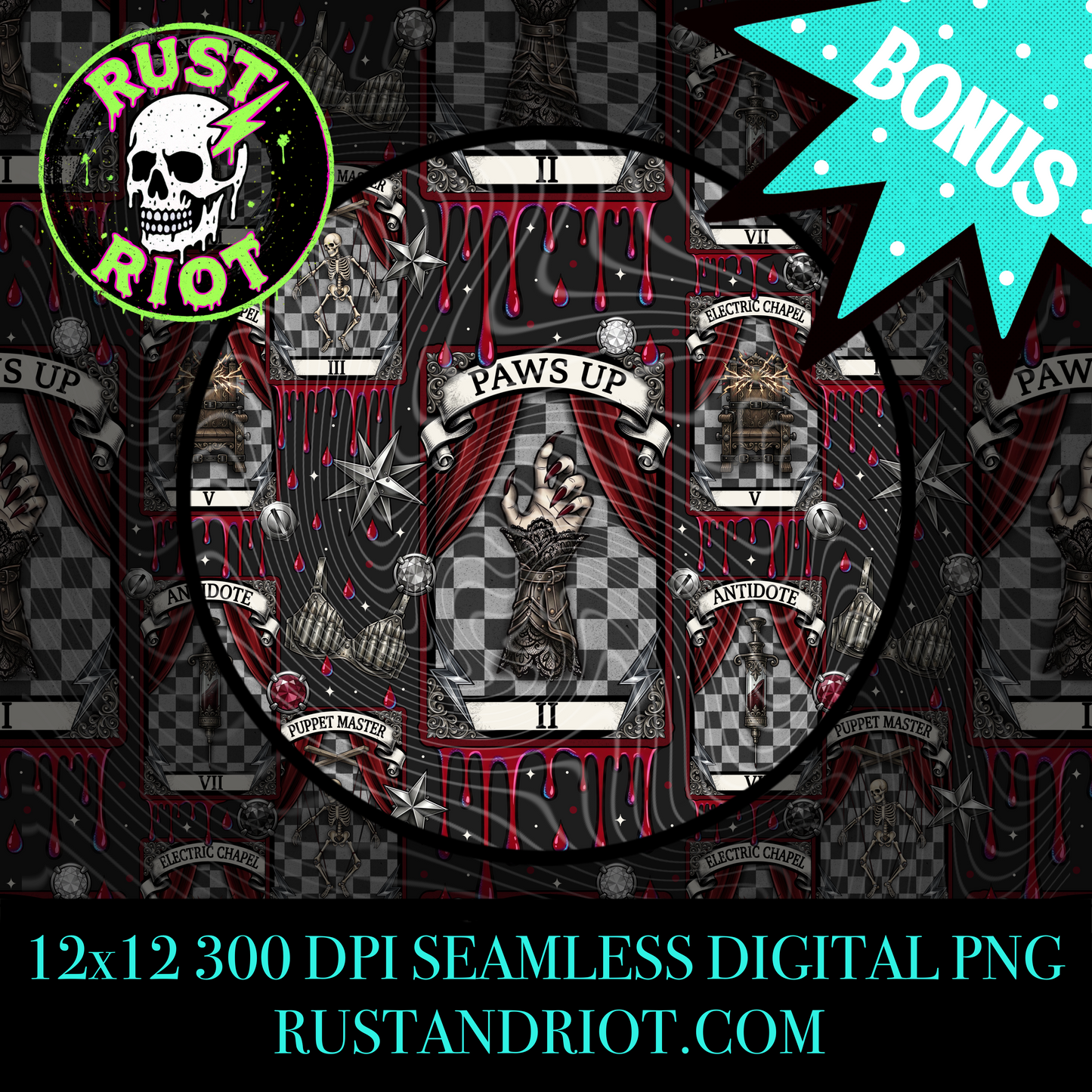 House of Mayhem Seamless Pattern | Gothic Tarot Repeat | PNG Digital Download