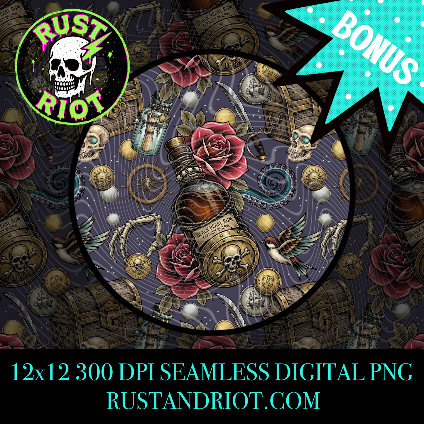Dead Man’s Gold Seamless Pattern | Pirate Tattoo Style Repeat | PNG Digital Download