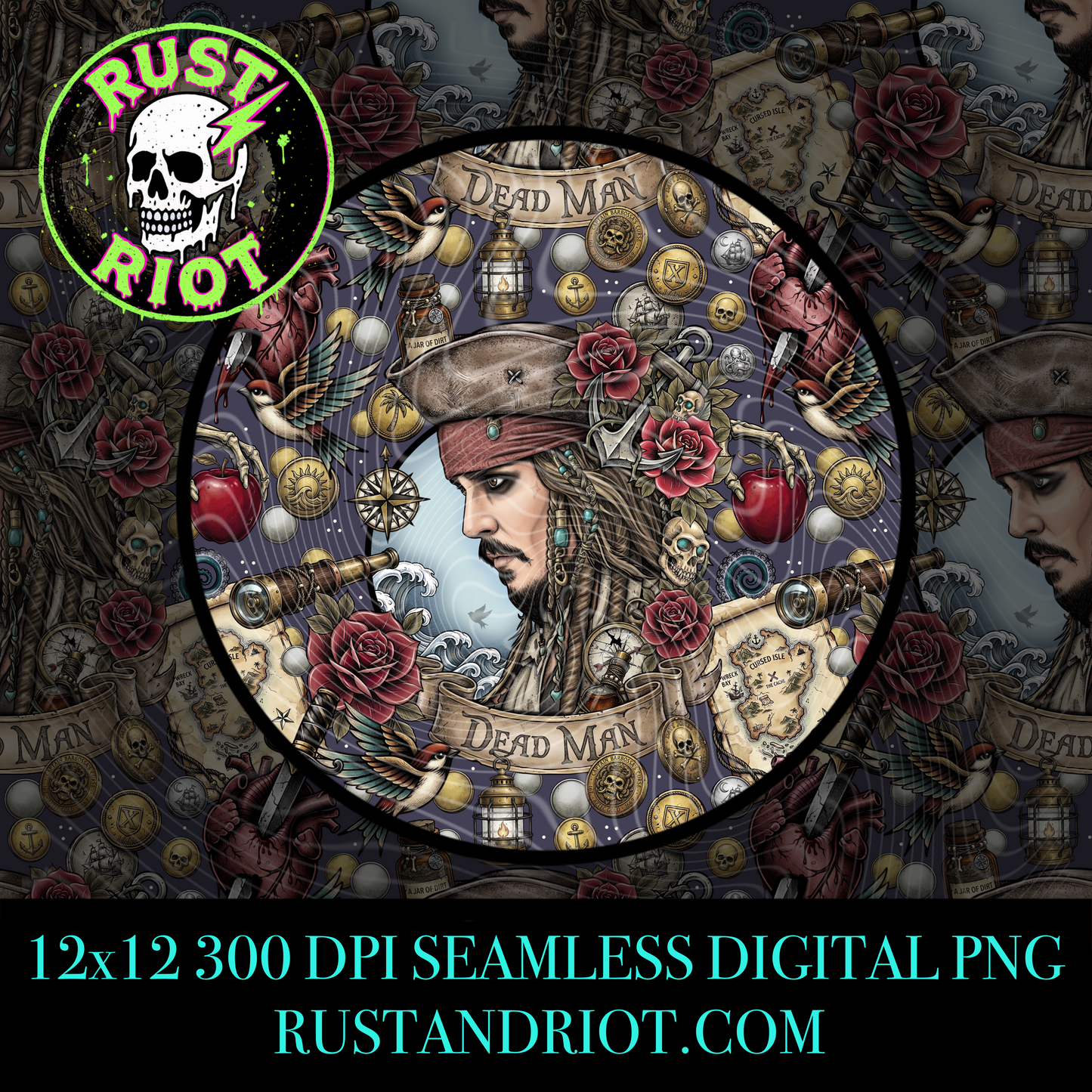 Dead Man’s Gold Seamless Pattern | Pirate Tattoo Style Repeat | PNG Digital Download