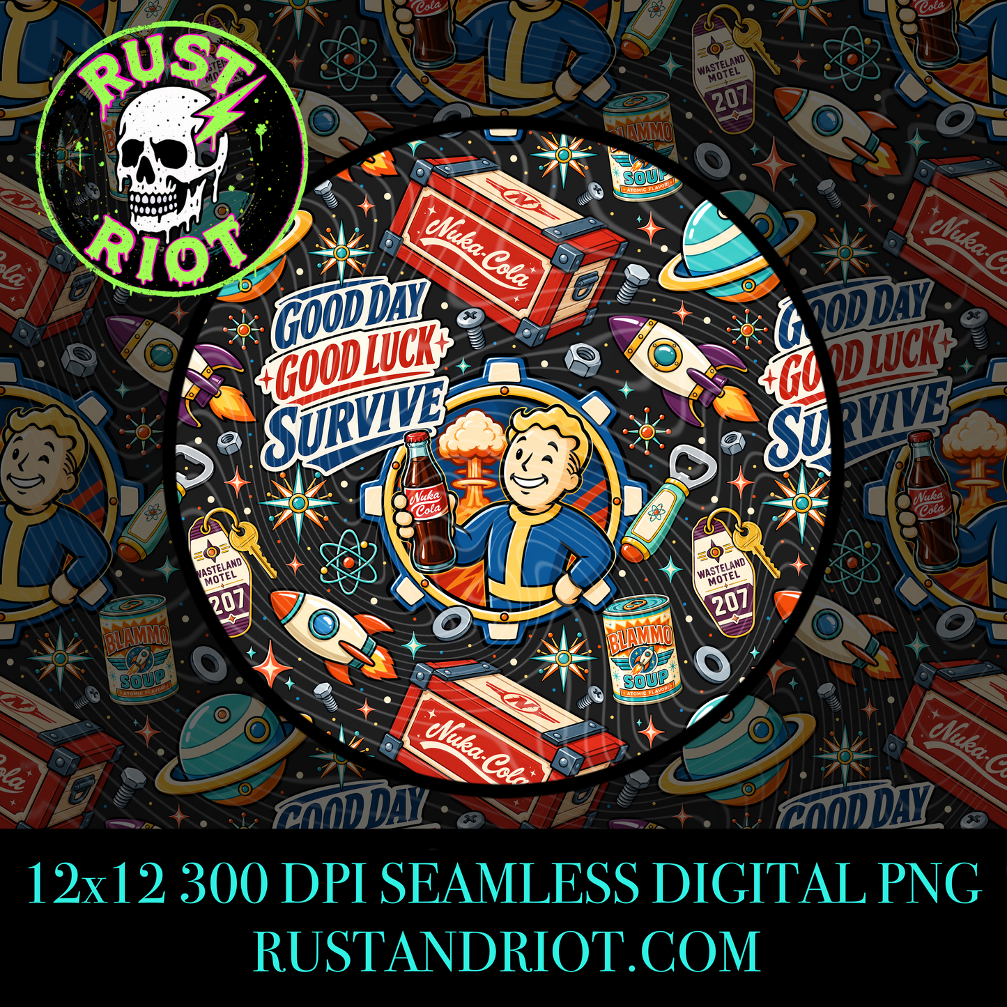 Wasteland Adventure Seamless Patterns | Retro Atomic Survival | PNG Digital Download