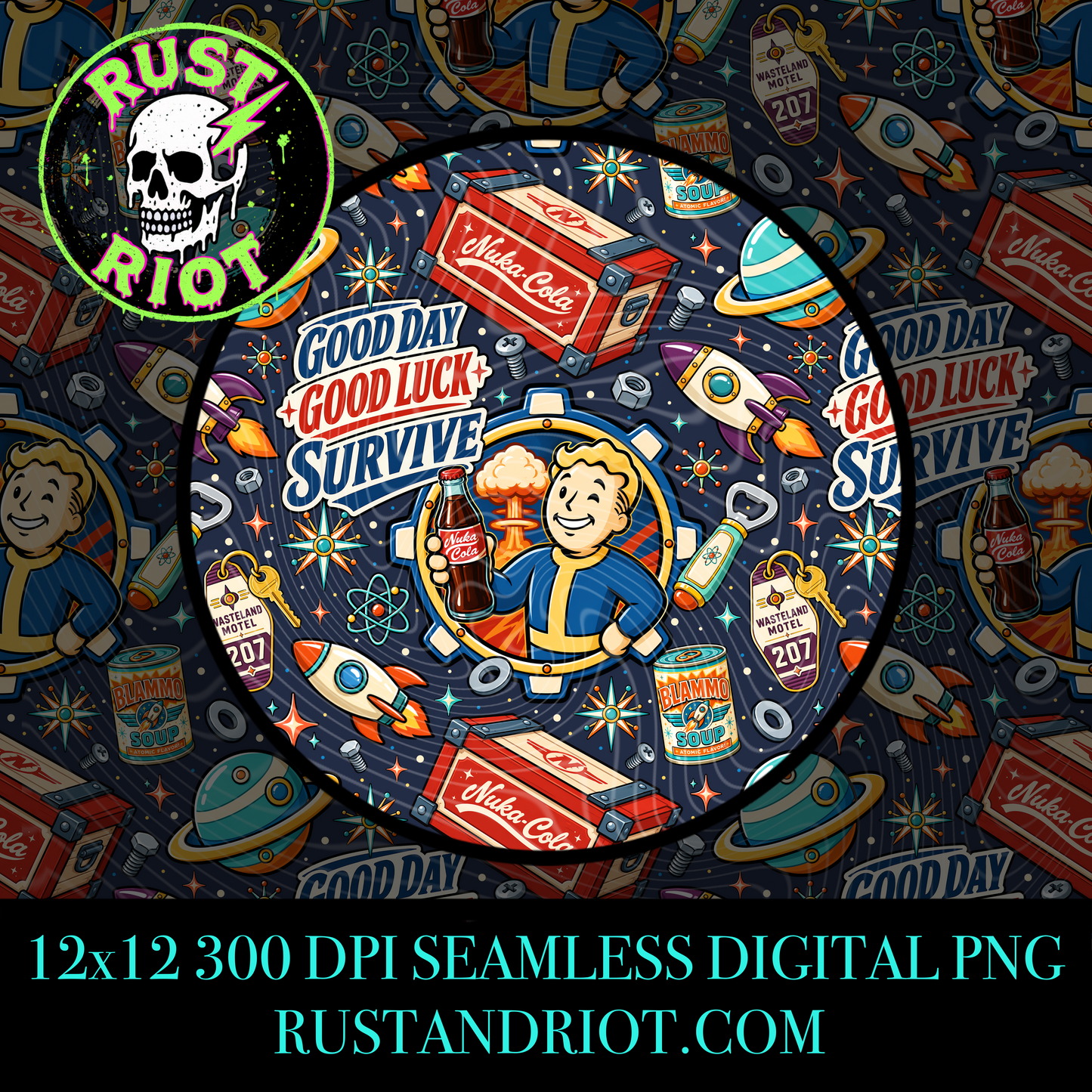 Wasteland Adventure Seamless Patterns | Retro Atomic Survival | PNG Digital Download