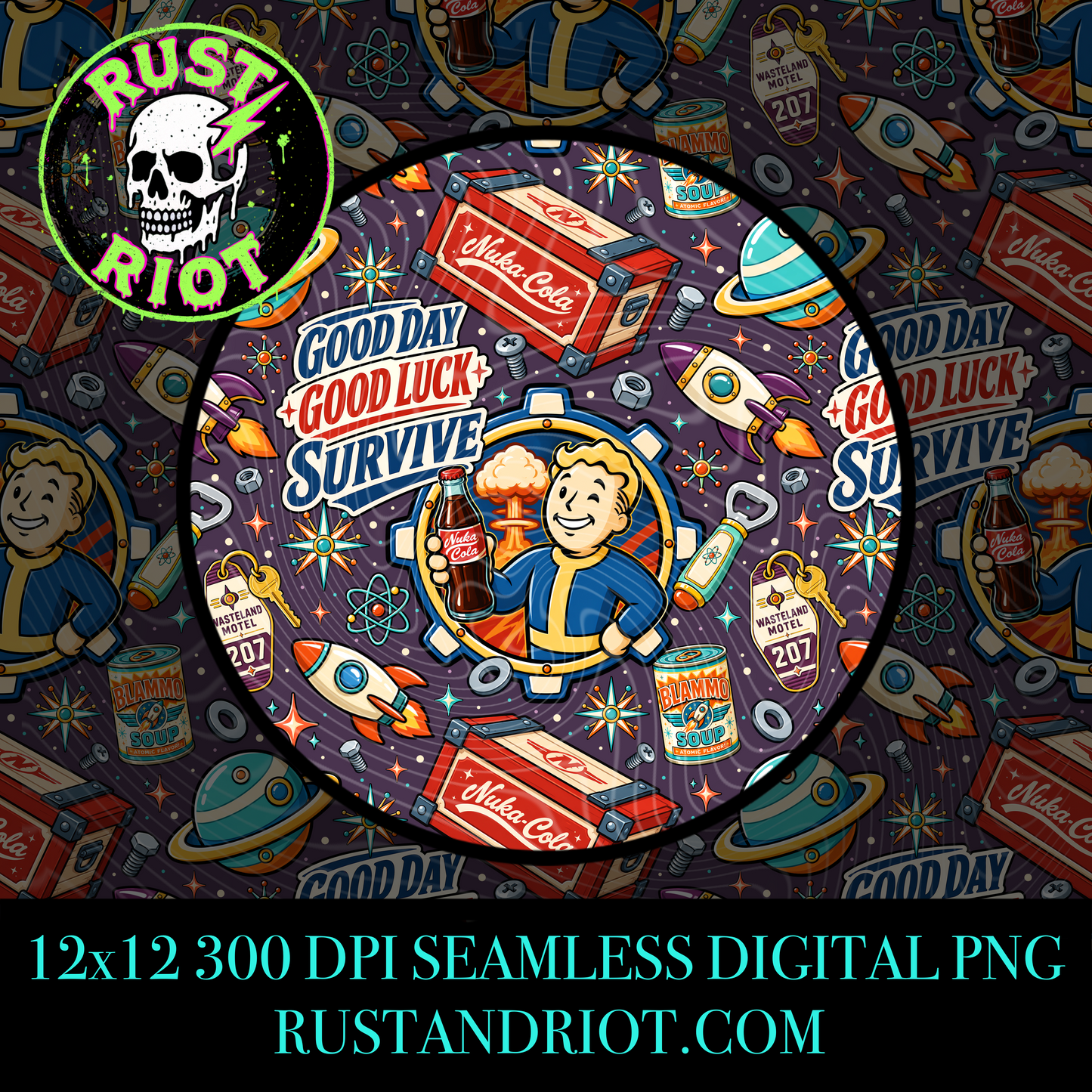Wasteland Adventure Seamless Patterns | Retro Atomic Survival | PNG Digital Download