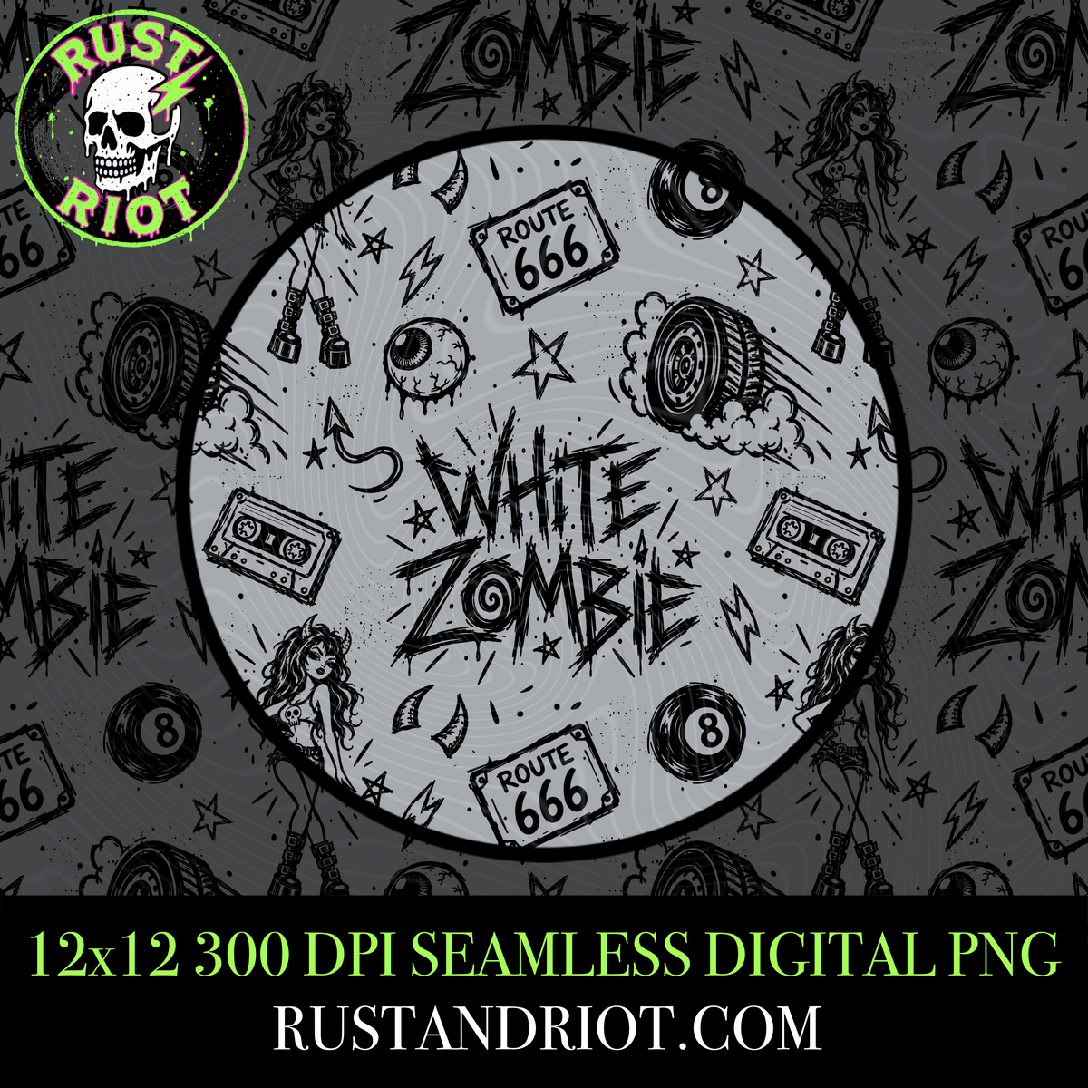 Zombie Doodles 4PK | Rock Horror Seamless Pattern Bundle | PNG Digital Download