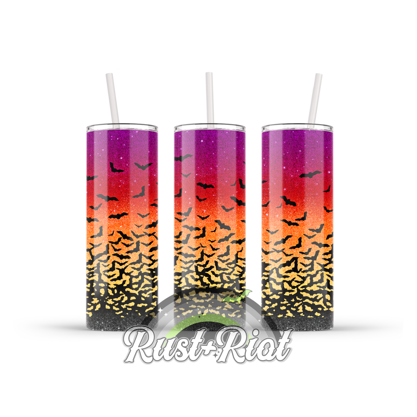 Sunset Bats Faux Glitter 20oz Skinny Stainless Steel Tumbler with Plastic Lid and Straw