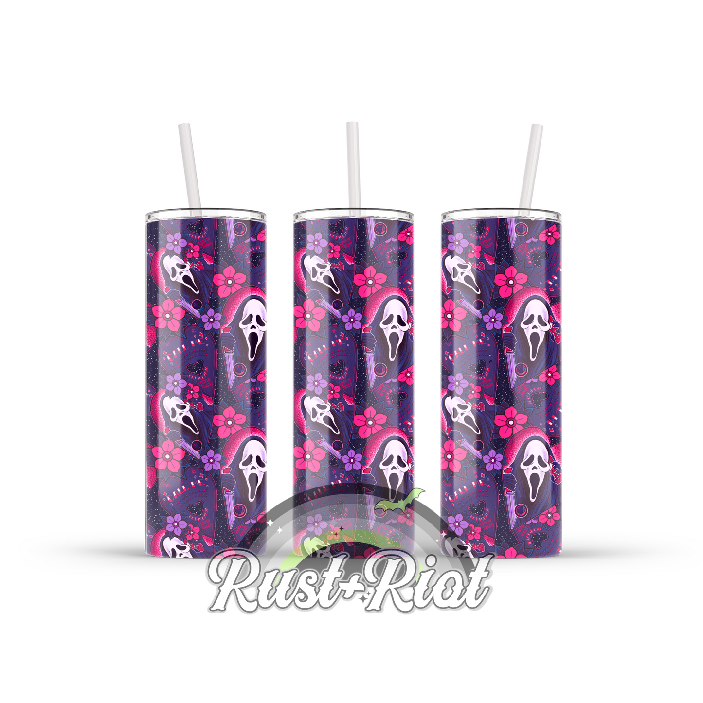 Call Me Traditional Tattoo Style Ghost Slasher 20oz Skinny Stainless Steel Tumbler with Plastic Lid and Straw